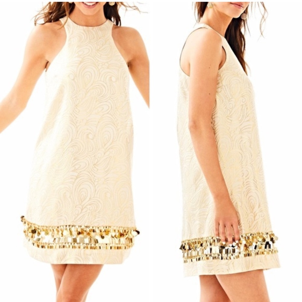 Lilly Pulitzer Diedra Dress In Gold Metallic Tidal Wave Jacquard XS - Picture 2 of 10